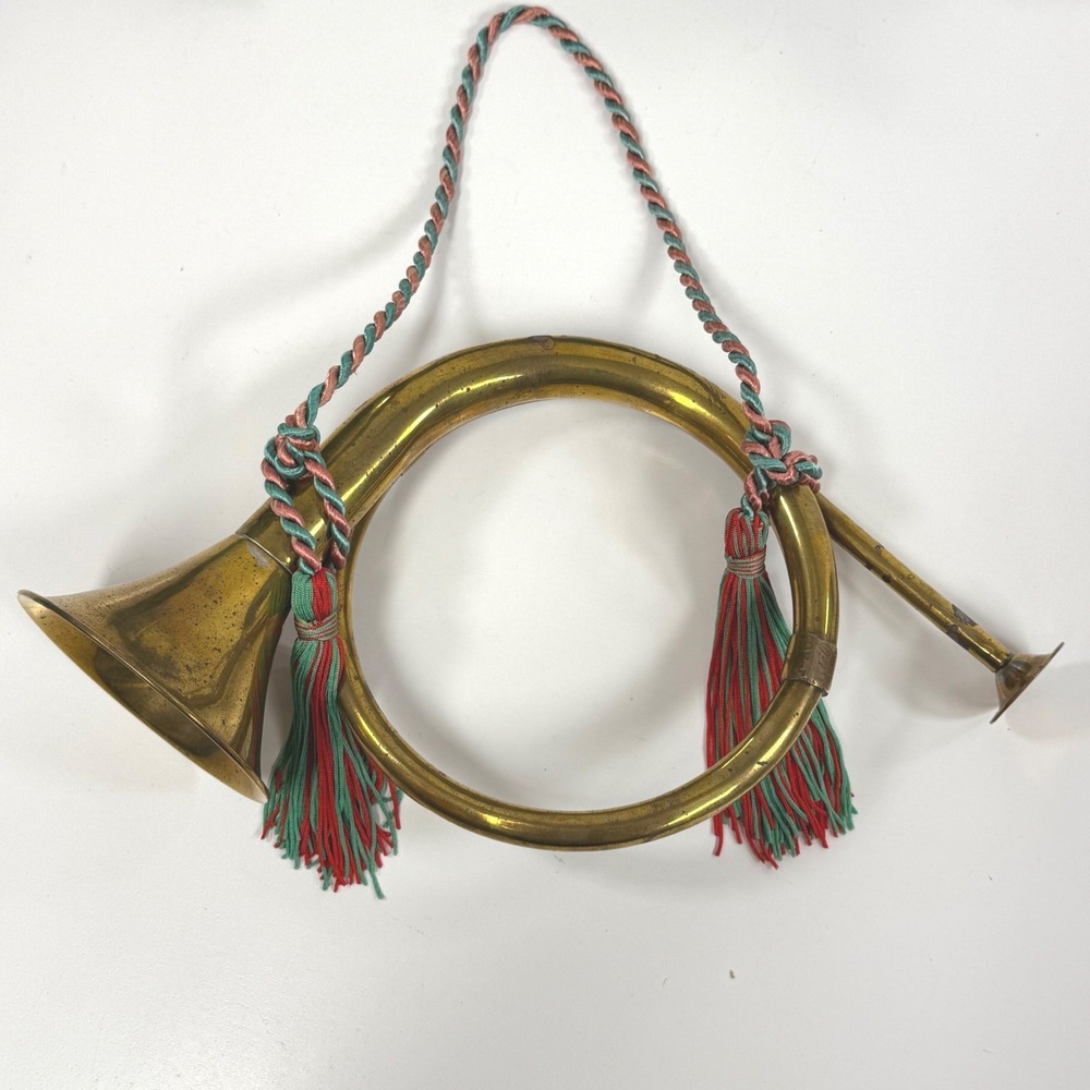Vintage Brass French Horn Medium Brass instrument decor Red Green Tassels Wreath - Picture 3 of 10